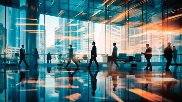 business professionals in a blurred glassfilled modern office hall with panoramic window