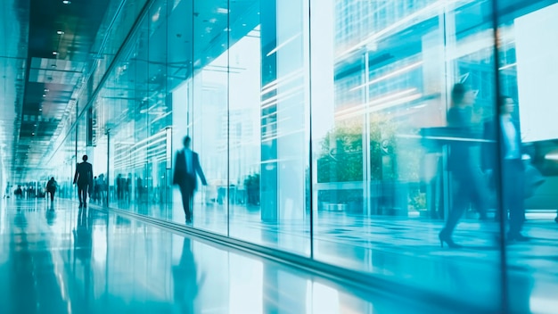 business professionals in a blurred glassfilled modern office hall with panoramic window