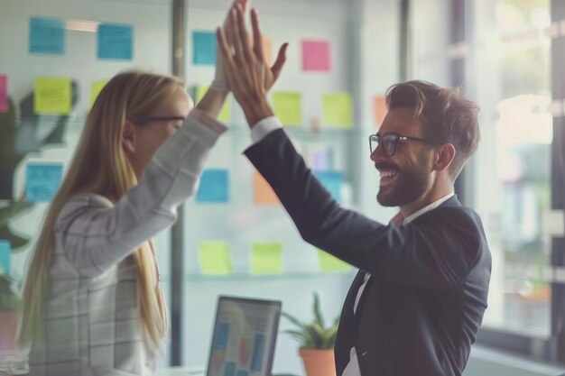 Business professionals celebrating teamwork with high five in office