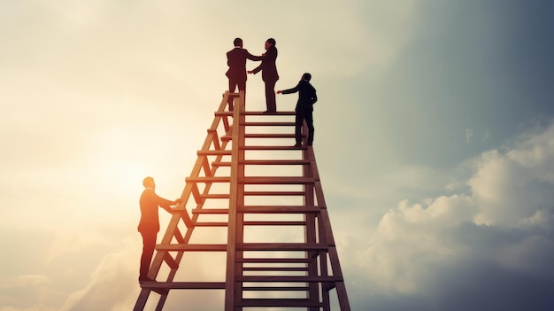 Business professionals climbing a ladder together symbolizing teamwork ai generated