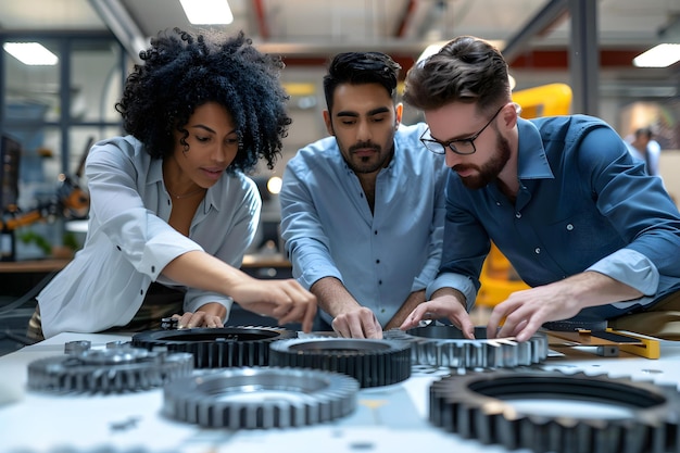 Business professionals collaborate assembling gear pieces in a unified team effort Concept Business Collaboration Teamwork Gear Assembly Professional Unity Work Efficiency