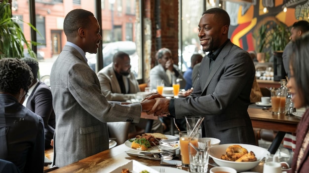 Business professionals in sharp attire shaking hands at a cafe ready to discuss partnerships over breakfast