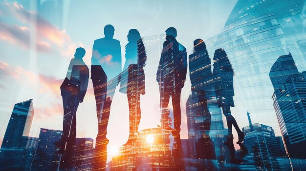 Business professionals standing in front of a city office building with a double exposure effect