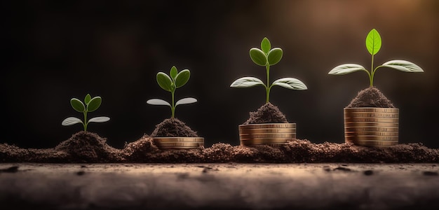 Business profitability depicted by sprouting seedlings on a stack of coins AIGenerated