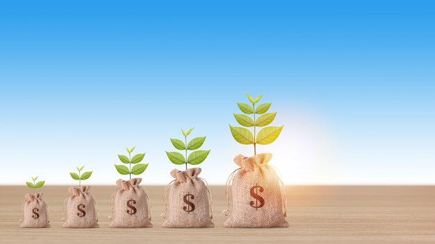 Business property investment concept, money bag with plant growing and stacking coins saving growth on wooden desk on blue background studio for financial real estate advertising concept