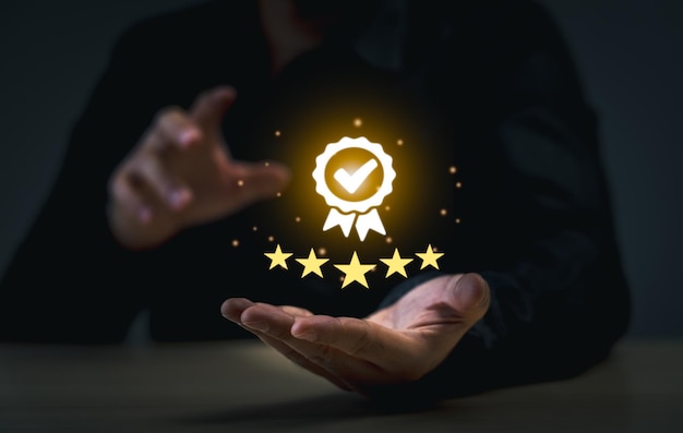 Business Quality Achievement and Excellence Concept Businessman showcases a glowing fivestar rating and award badge symbolizing high quality and excellence in business