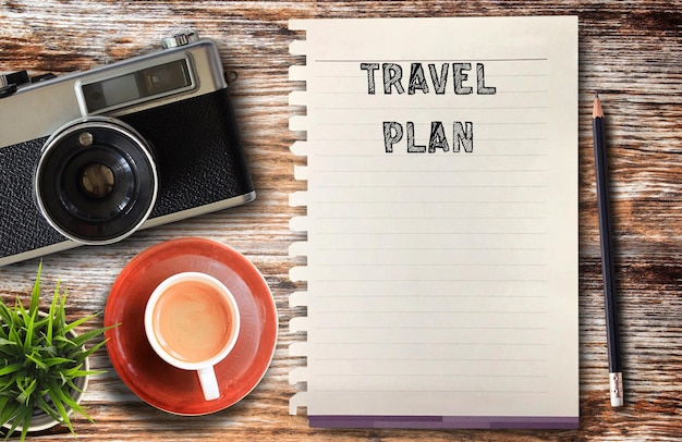 Photo business quotes travel plan on notebooks or paper in office desk office workplace