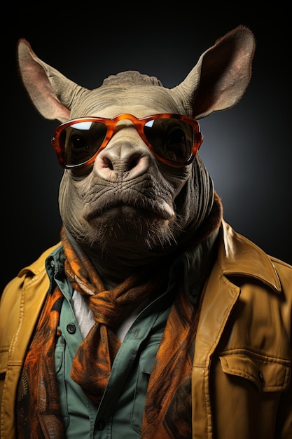 Business Rhino wearing clothes with tie and glasses AI generation