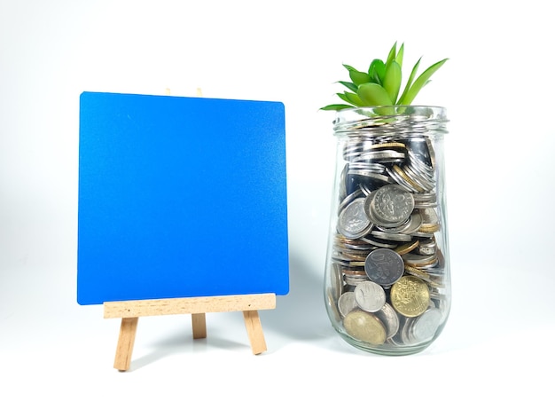 Business saving conceptblank wooden board for textglass\
jargreen plant and coins isolated