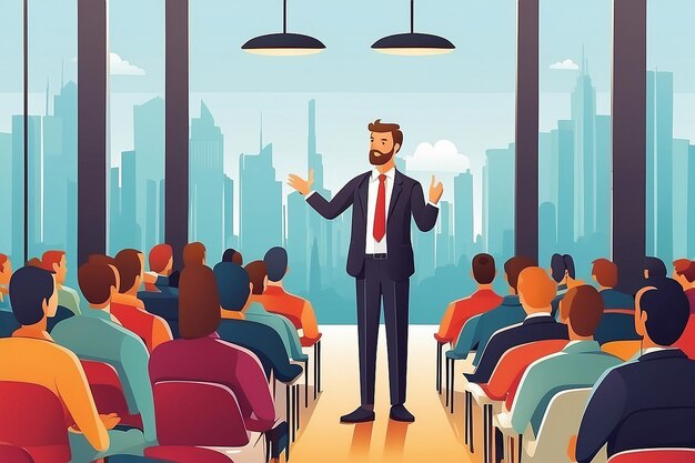 Business seminar presentation or conference Coach speaker speaks to the audience Business education and coaching flat design vector concept Vector by mustahtar