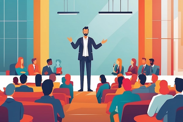 Business seminar presentation or conference Coach speaker speaks to the audience Business education and coaching flat design vector concept Vector by mustahtar