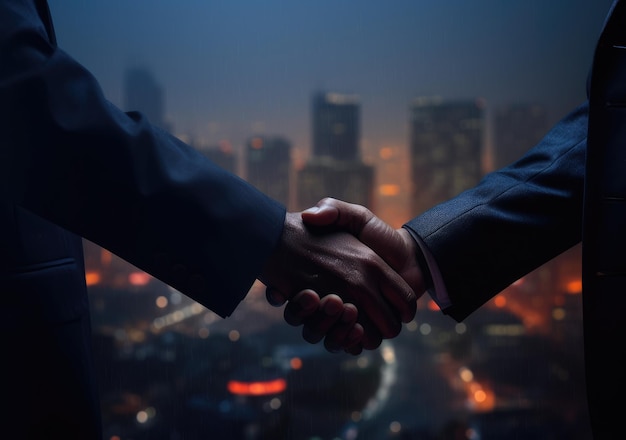 Business shaking hands on night street scene finishing up meeting Successful businessmen handshaking after good deal AI Generative