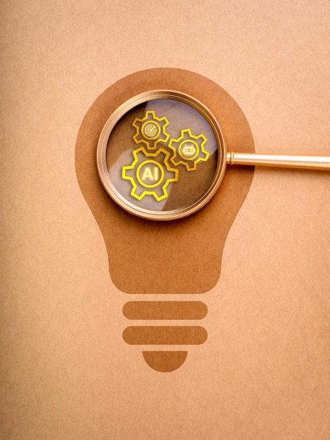 Photo business solution strategy with artificial intelligence innovative technology concept gear symbols with ai bot and target icons in magnifying glass lens on light bulb flat icon on brown background