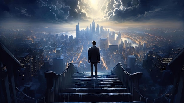 business stairway leading to an unknown destination over cityscape in the style of moody figurative