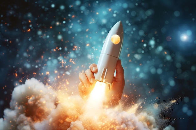 Business start up concept a rocket ship taking off from a persons hands