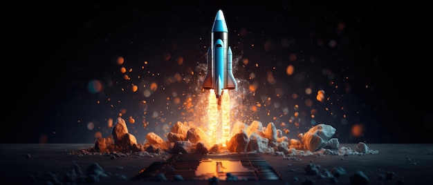 Business Startup Concept A Rocket Launch Depicted With Lines Triangles And Particles