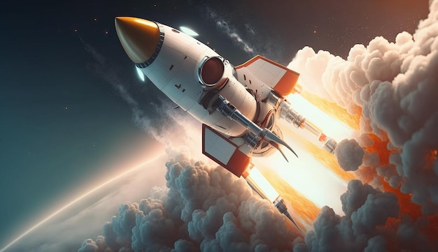 Business startup growth flying 3D rocket launch AI Generated image