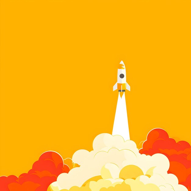 Photo business startup with a rocket that is flying in the clouds in light yellow