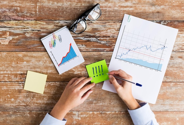 business, statistics and people concept - close up of female hands with charts and eyeglasses on table