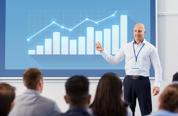 Photo business, statistics and people concept - smiling businessman or lecturer with diagram chart on projection screen and group of students at conference presentation or lecture