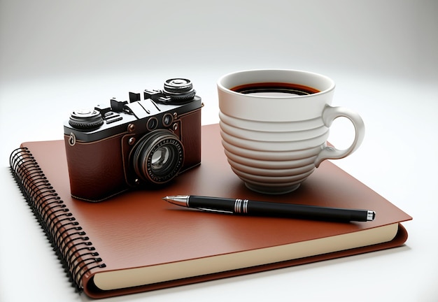 Business still life with a cup of coffee and a leather notebook