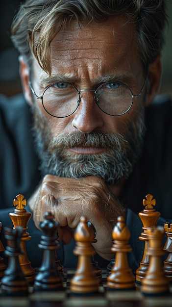 Business strategist contemplates tactical moves with chess analogy