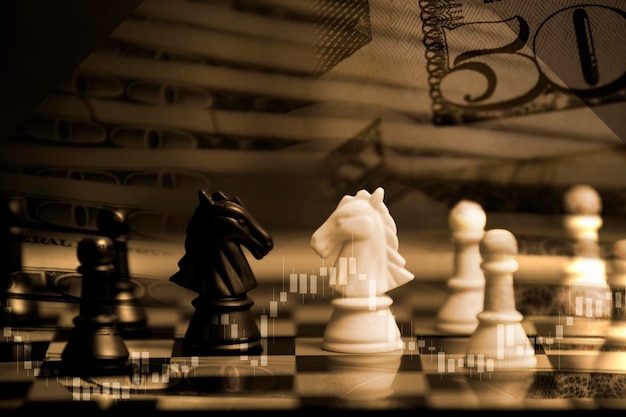 Концепция конкурентоспособных идей бизнес-стратегии Игра в шахматы на шахматной доске за бизнес-фоном Бизнес представляет анализ финансовой и маркетинговой стратегии Цель инвестиций в мировую экономику