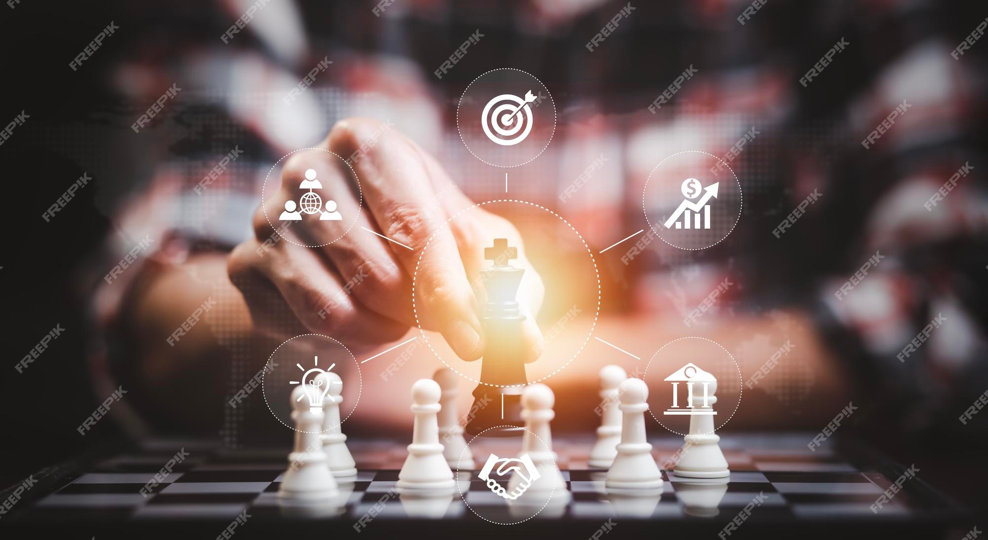 Chess game on chess board behind business man background. Business concept  to present financial information and marketing strategy analysis. Investmen  Stock Photo - Alamy