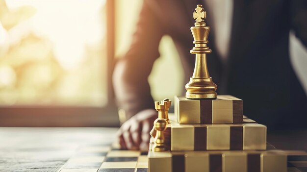 Business strategy concept with chess pieces on wood