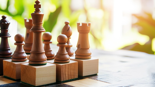 Business strategy concept with chess pieces on wood