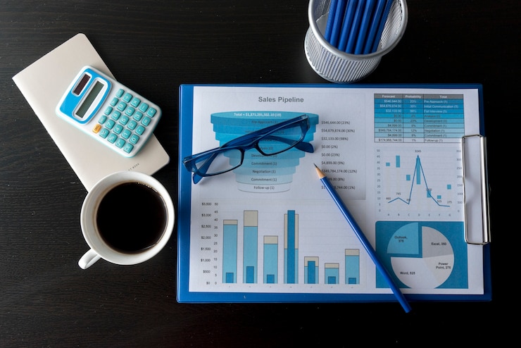 Photo business stuff, graph, charts, calculator, glasses , pen and a cup of coffee.