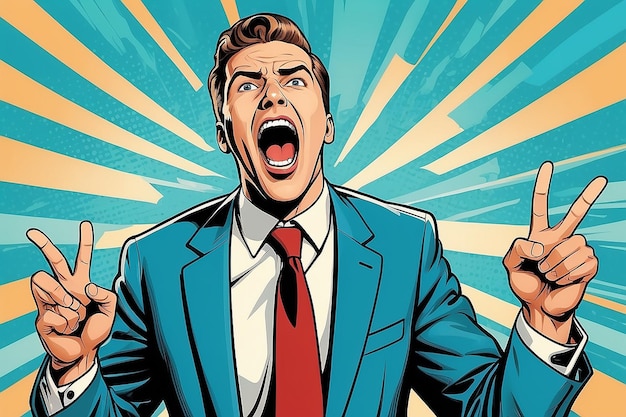 Business success businessman screaming with joy Retro style pop art Business people successful trade good worker