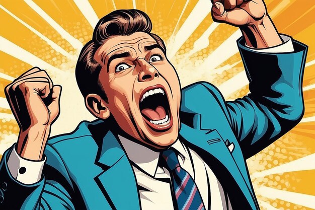 Business success businessman screaming with joy Retro style pop art Business people successful trade good worker