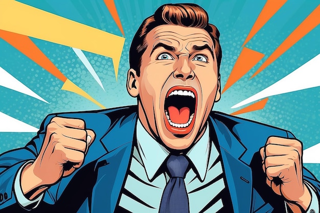 Business success businessman screaming with joy Retro style pop art Business people successful trade good worker