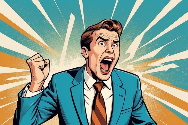 Business success businessman screaming with joy Retro style pop art Business people successful trade good worker