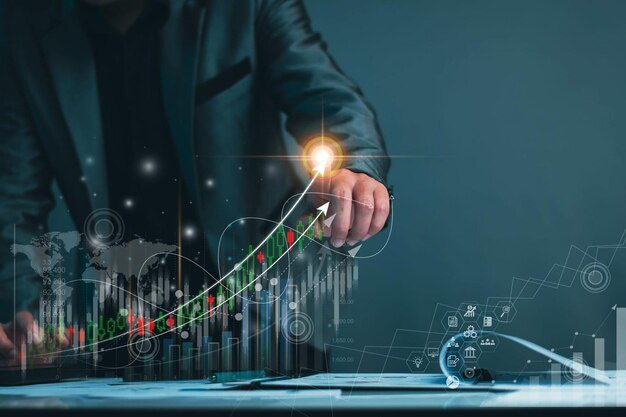 business success concept businessman analyze stock market study future marketing strategies set g