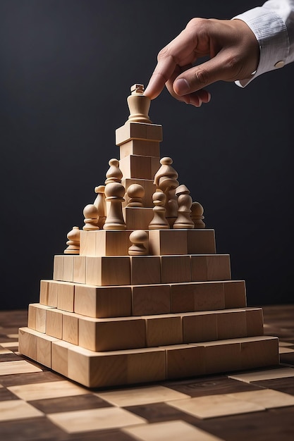 Foto concetto di successo aziendale con la vista laterale della scacchiera uomo che colloca una figura su una piramide di blocchi