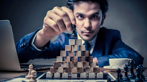 Business success concept with chessboard side view man placing figure on pyramid of blocks