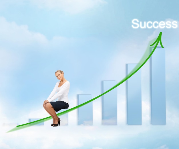 business, success and graphs concept - businesswoman with big 3d chart