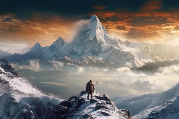 ビジネスの成功のリーダーシップと成果のコンセプト 空と雲のあるロッキー山脈の頂上でハイキングをする男性生成 AI