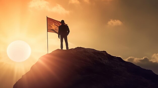 ビジネス・リーダーシップ・成功・人事・コンセプト ビジネスマン・シルエット 旗を掲げた山の頂上 青い空と日光の背景