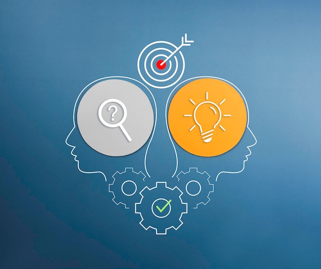 Business success, management, teamwork, and action plan concept. Target, gears, light bulb and magnifying glass, business strategy icon with human head symbol on a blue background, minimal style.