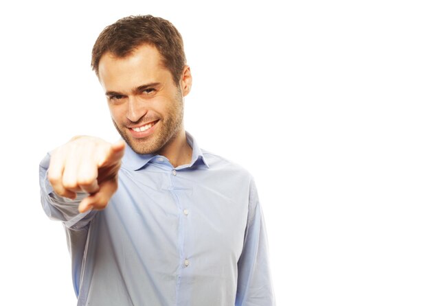 Business success and people concept  Business man showing finger to be number one