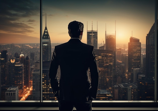 Business and Successful concept Young successful business man with city background looking forward to city building AI Generative