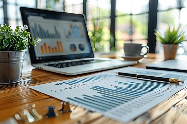 business table with laptop graph and notebook close up