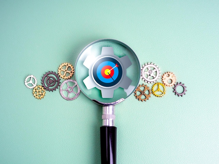 Business target success planning diagnostic marketing research management tools concept Closeup big target icon with gear focus in magnifying glass with many small cogwheels on green background