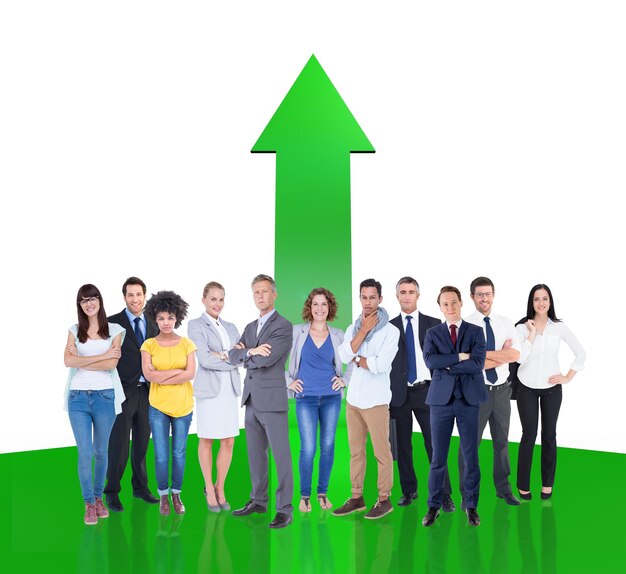 business team against green arrow pointing up