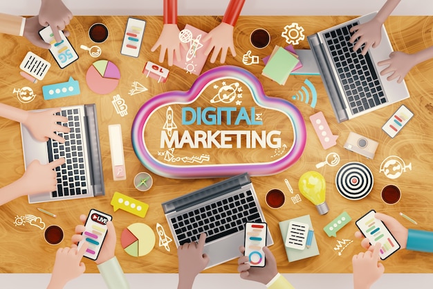 Business Team brainstorm analysis of online market. Digital Marketing Technology, Online Business Concept, digital advertising via social media. 3d illustration