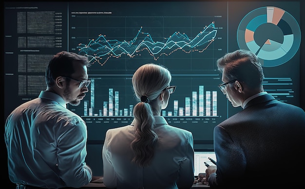 Business team collaboration discussing work analysis with financial data and marketing growth report