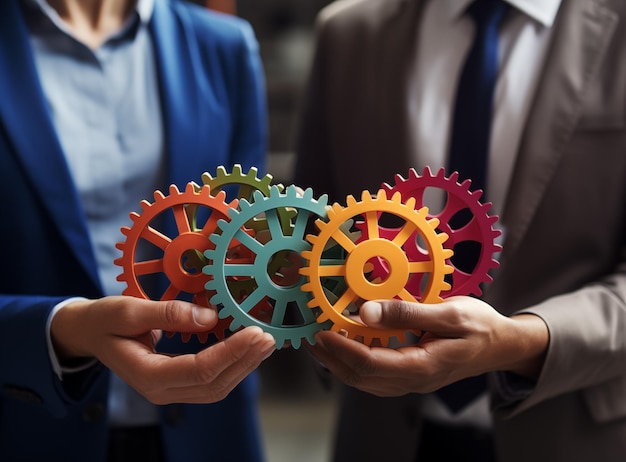 Foto il team aziendale collega pezzi di ingranaggi come lavoro di squadra e intelligenza artificiale generativa dei partner